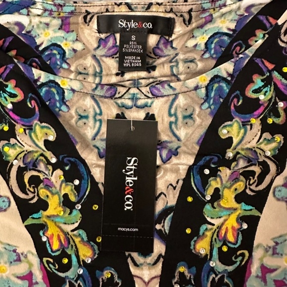 Style&Co Shift Dress Boat neckline Bell Sleeve Stretch Sz Small Floral Disco - Picture 4 of 16